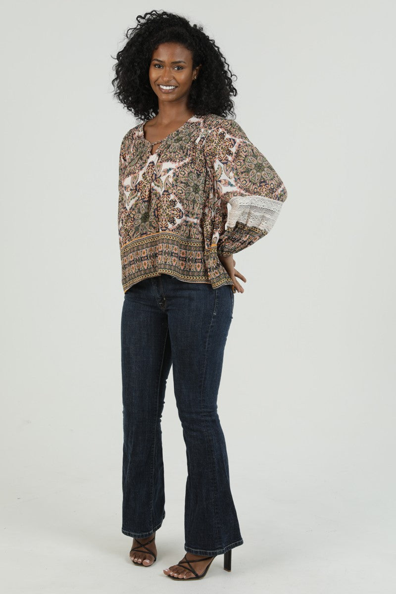 Boho Paisley Lace Sleeve Blouse