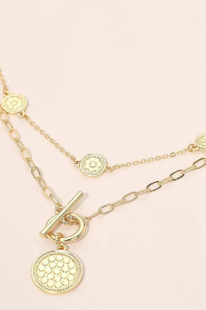 Layered Coin Charm Toggle Necklace