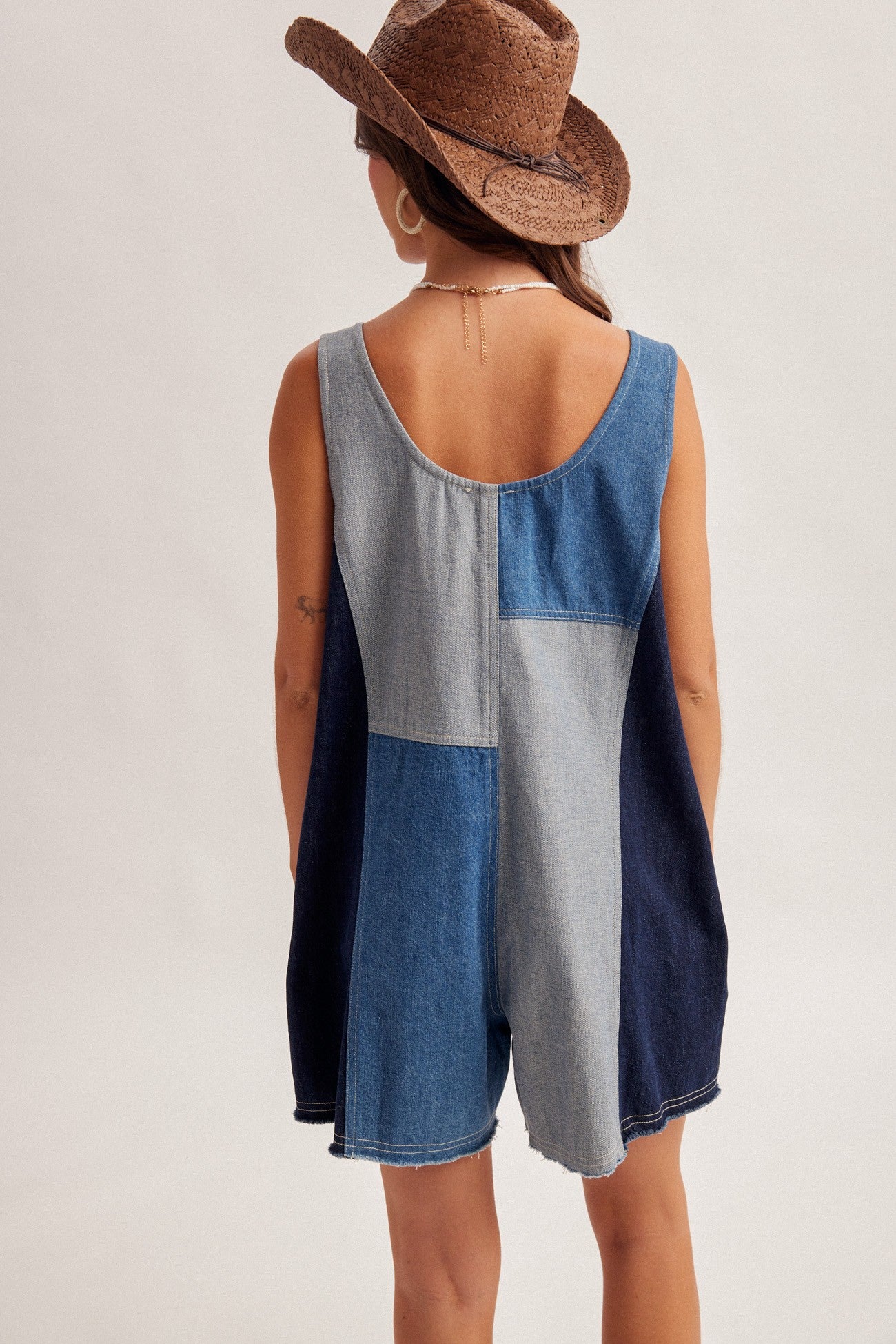 Color Block Denim Overall Romper