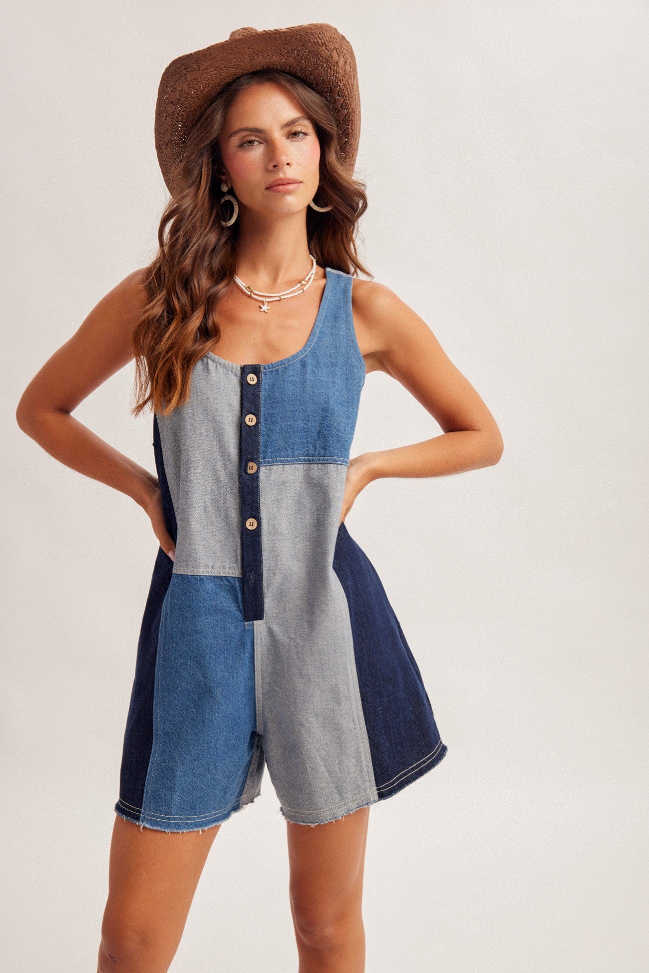 Color Block Denim Overall Romper