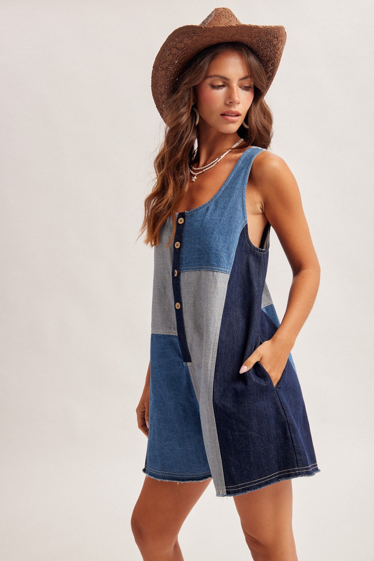 Color Block Denim Overall Romper