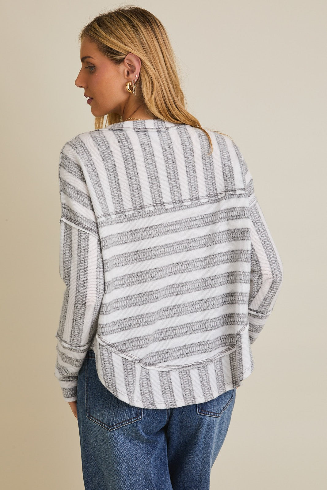 Raw Edge Stripe Button Down Top