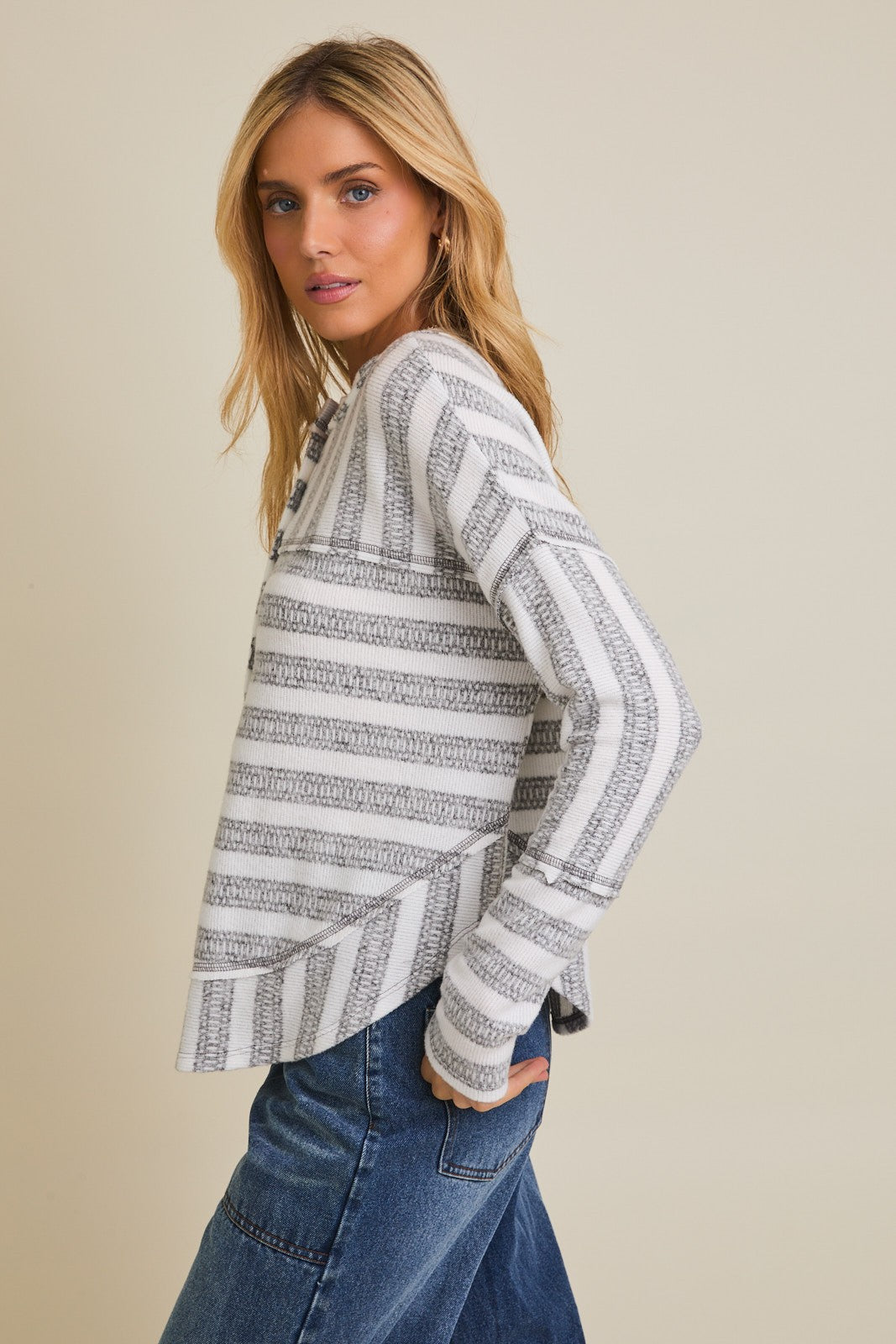 Raw Edge Stripe Button Down Top