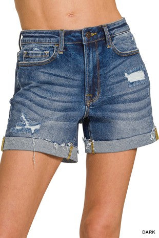 High Rise Distressed Cuffed Denim Shorts