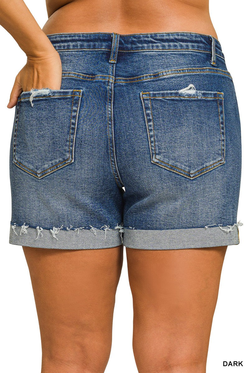High Rise Distressed Cuffed Denim Shorts
