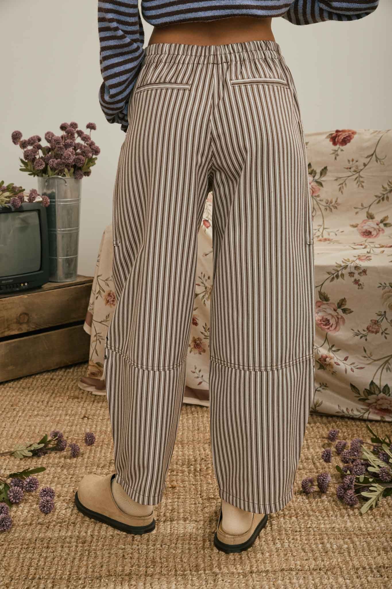 Striped Elastic Waist Patch Pocket Pants