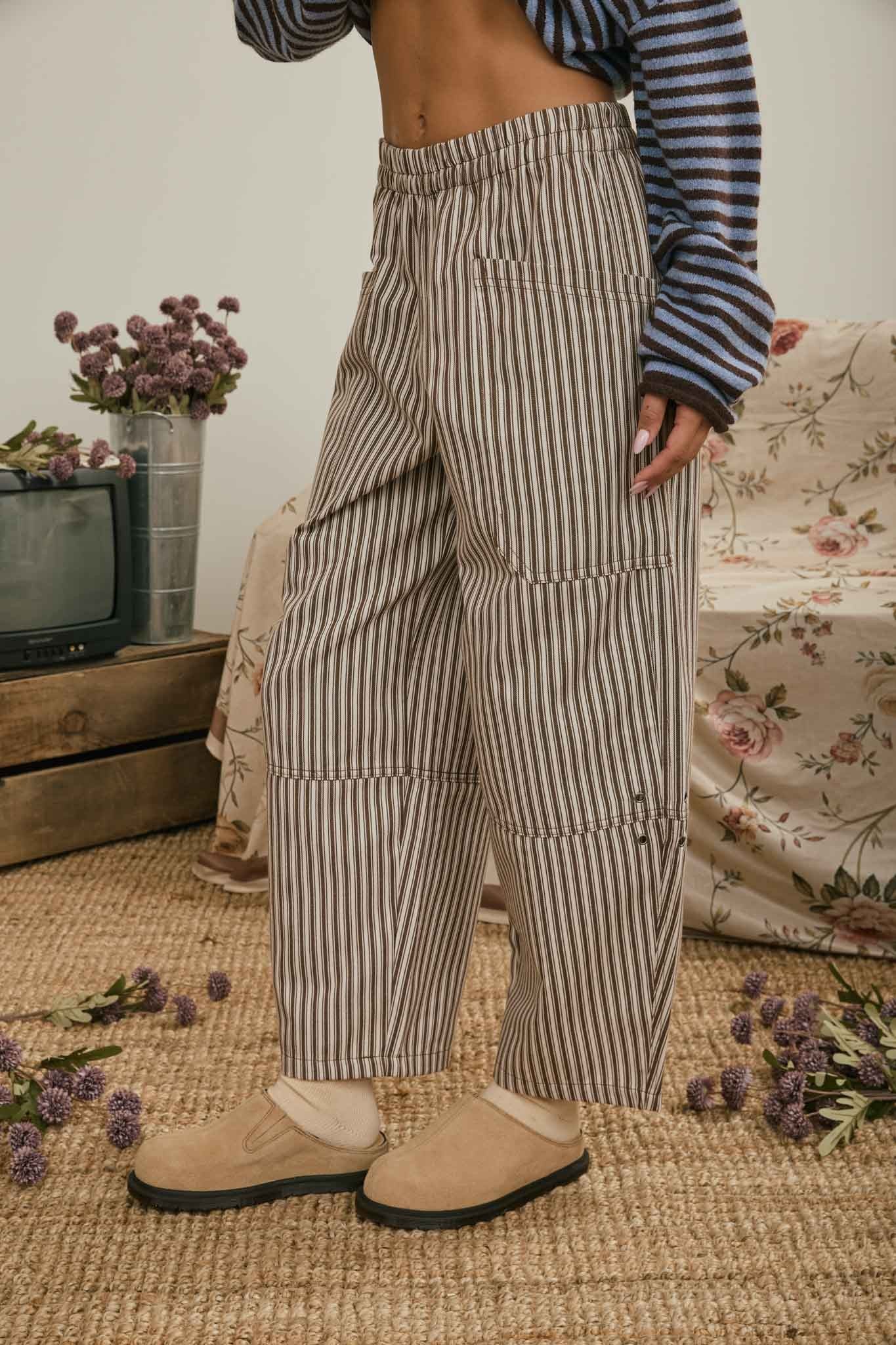 Striped Elastic Waist Patch Pocket Pants