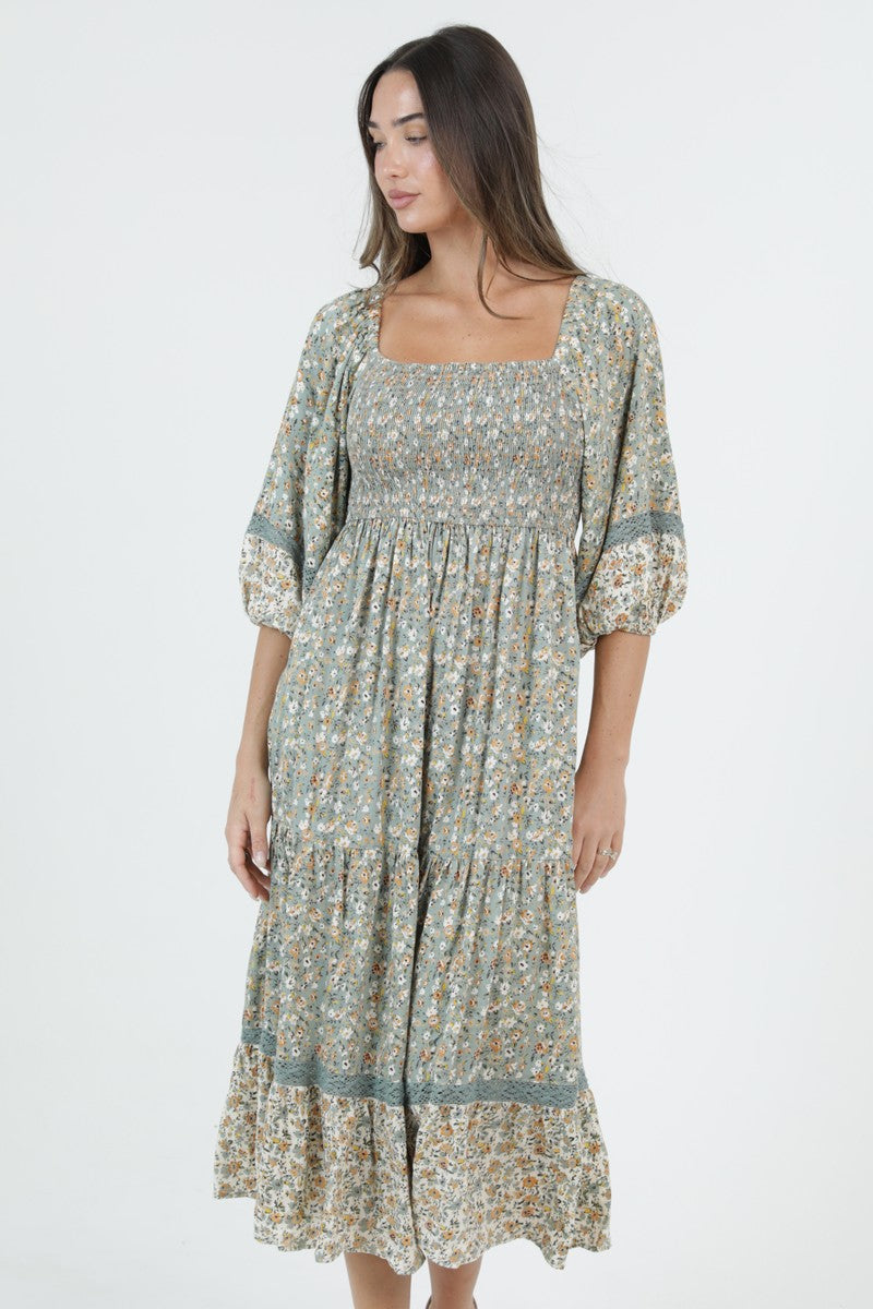 Floral Smocked Square Neck Midi Dress