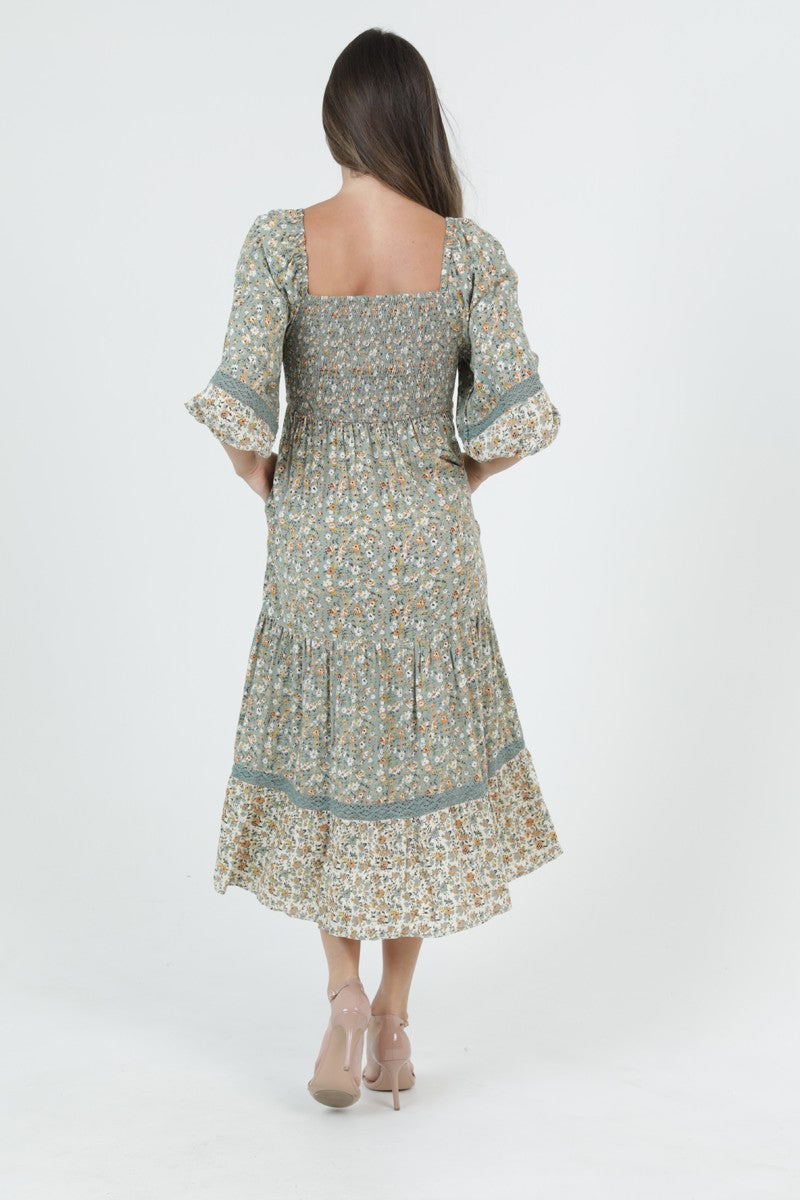 Floral Smocked Square Neck Midi Dress
