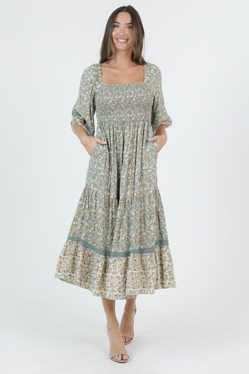 Floral Smocked Square Neck Midi Dress