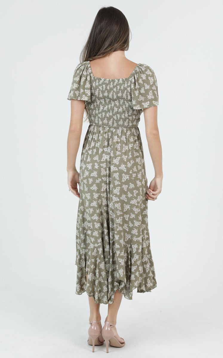 Olive Floral Smocked Midi Dress