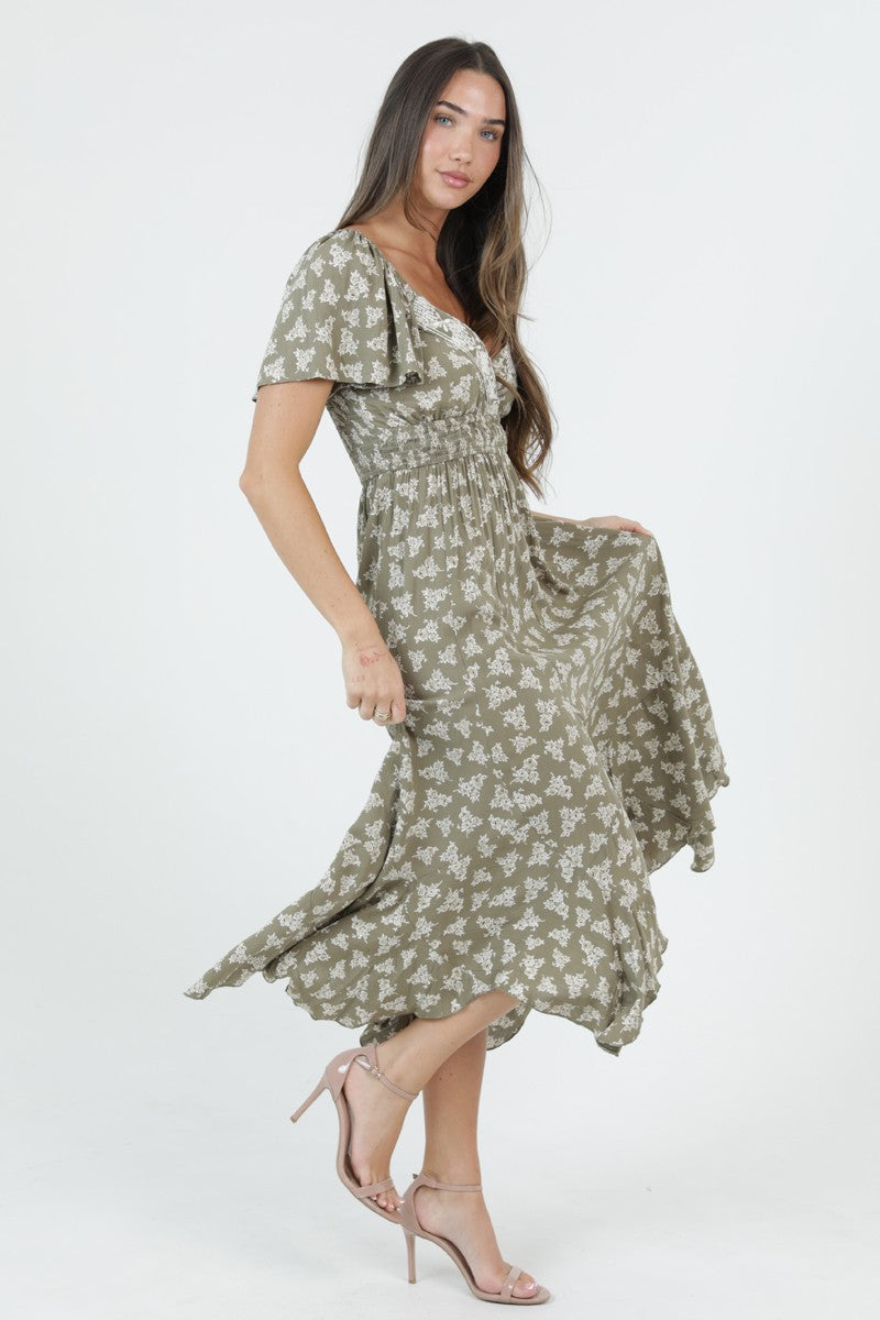 Olive Floral Smocked Midi Dress