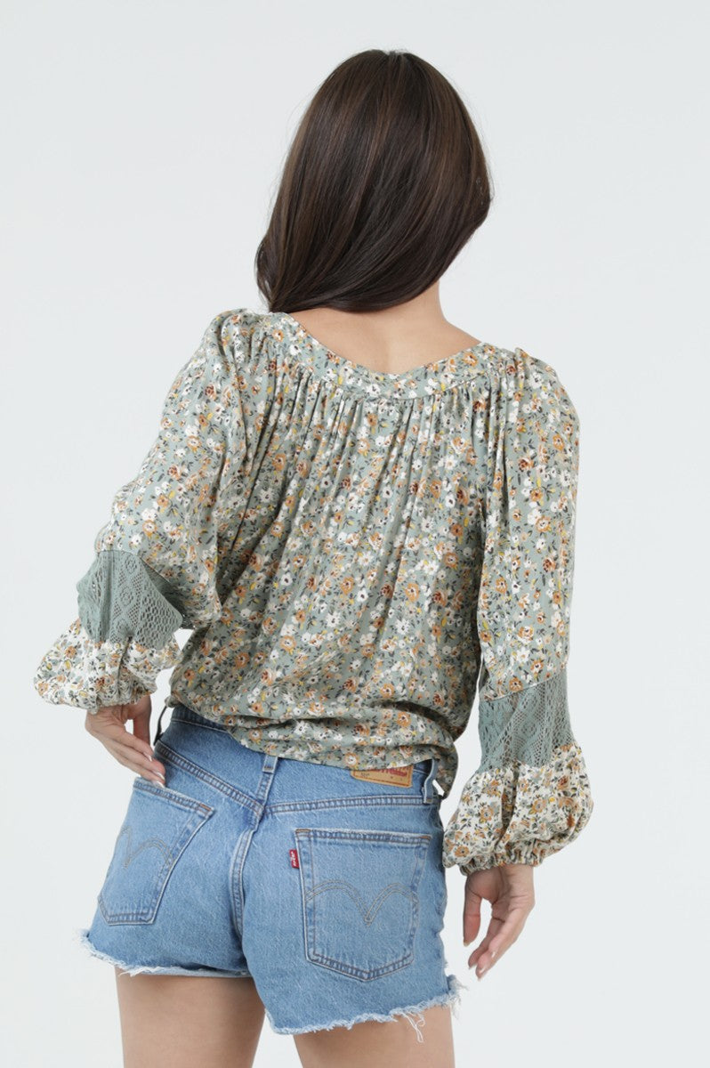 Floral Tie Front Lace Blouse
