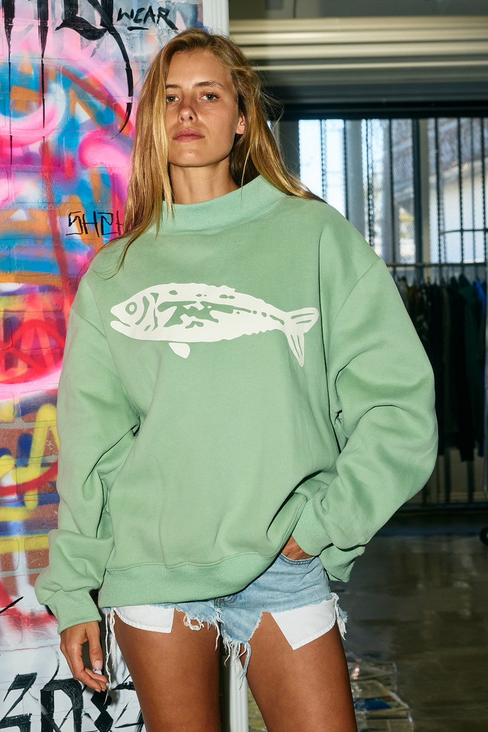 Vintage Fish Graphic Mockneck Sweatshirt