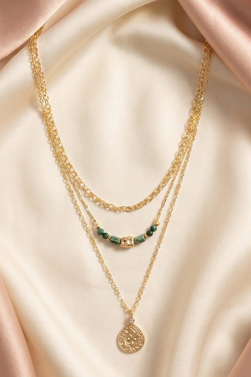 Layered Green Stone Coin Necklace