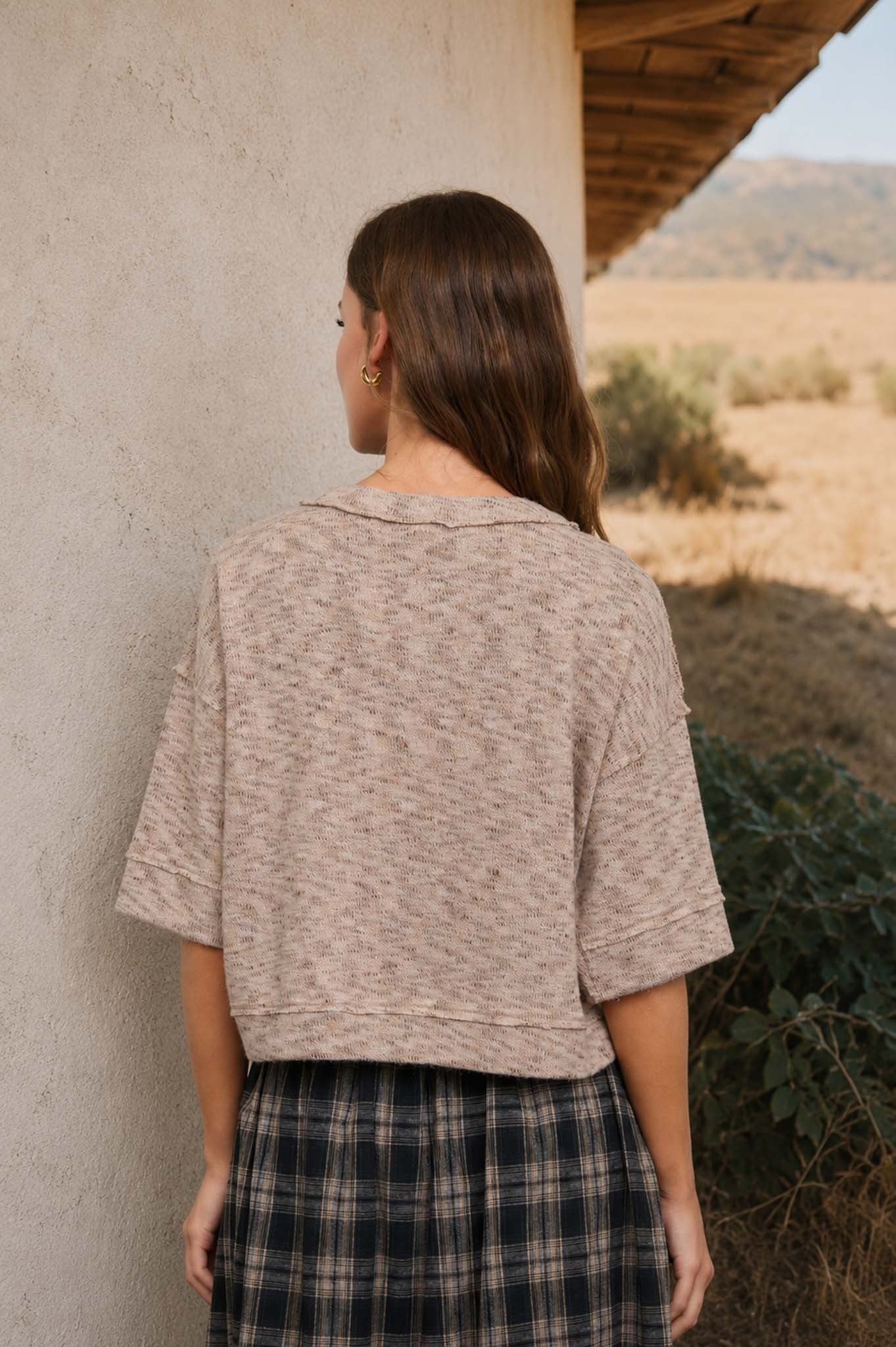 Marled Raw Edge Knit Button Top