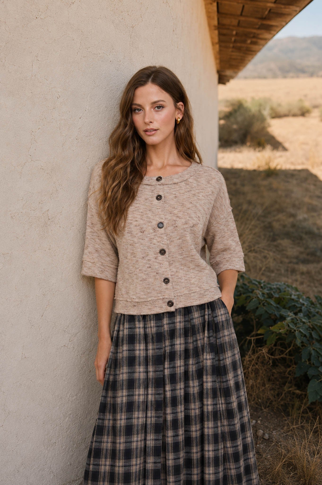 Marled Raw Edge Knit Button Top