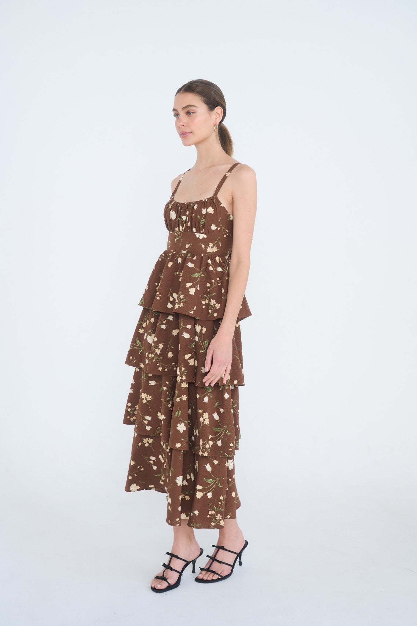 Floral Back Tie Tiered Midi Dress