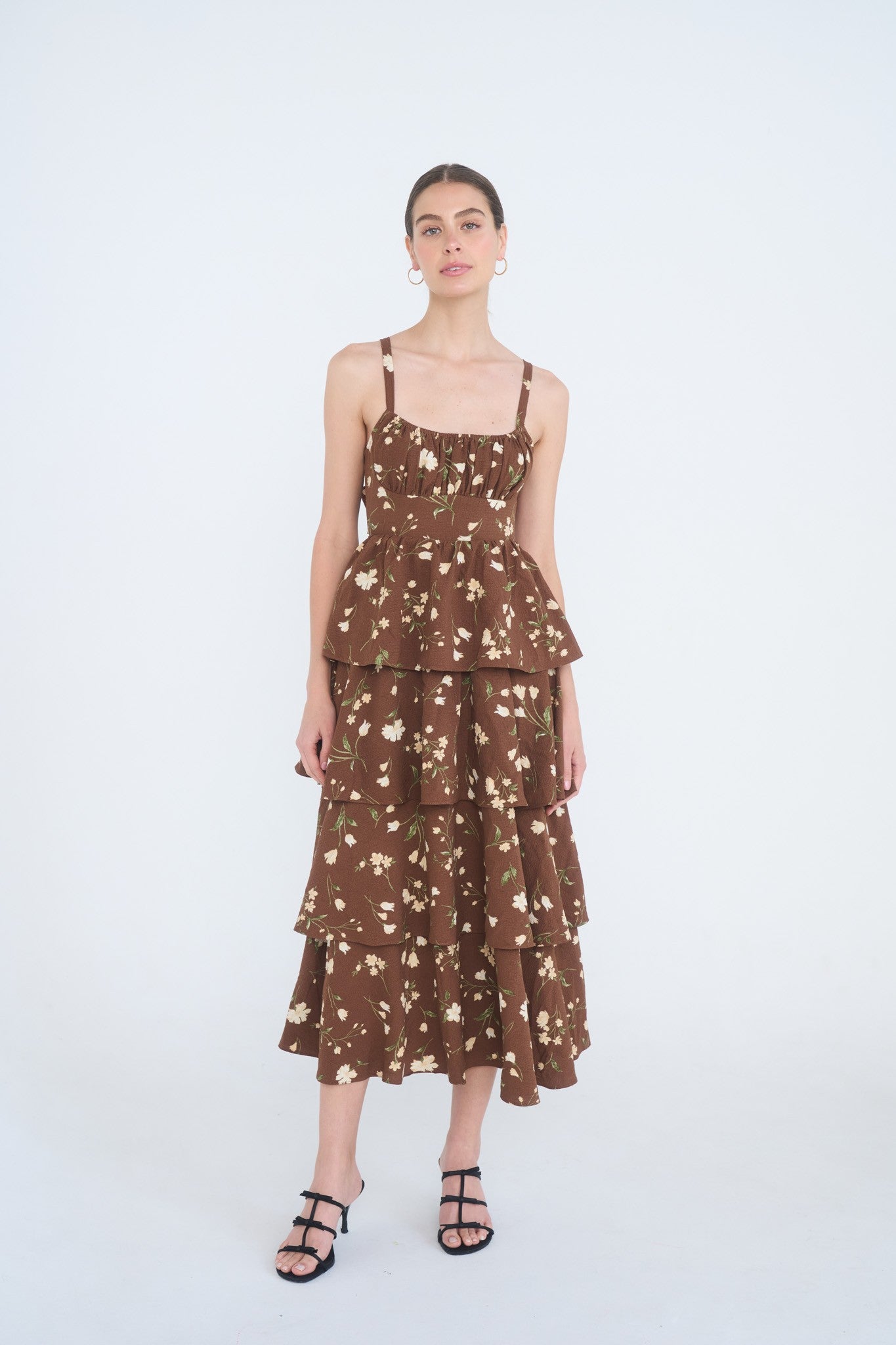 Floral Back Tie Tiered Midi Dress