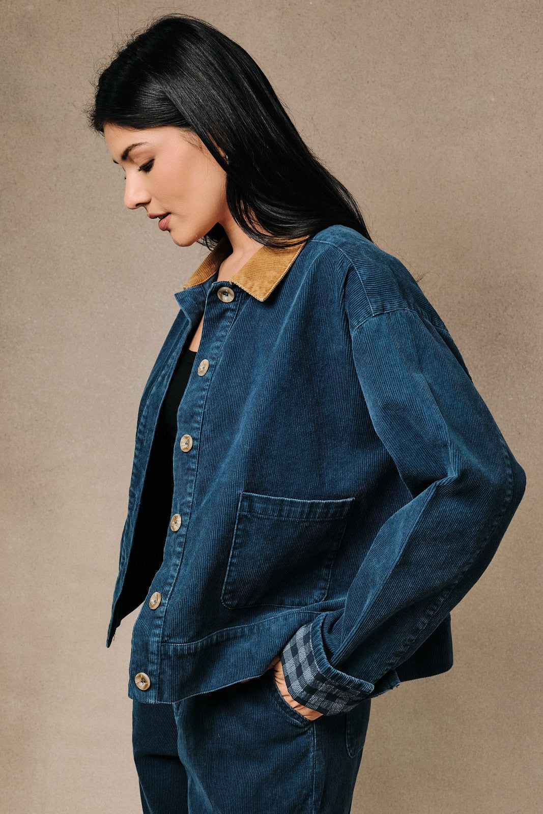 Plaid Cuff Corduroy Barn Jacket