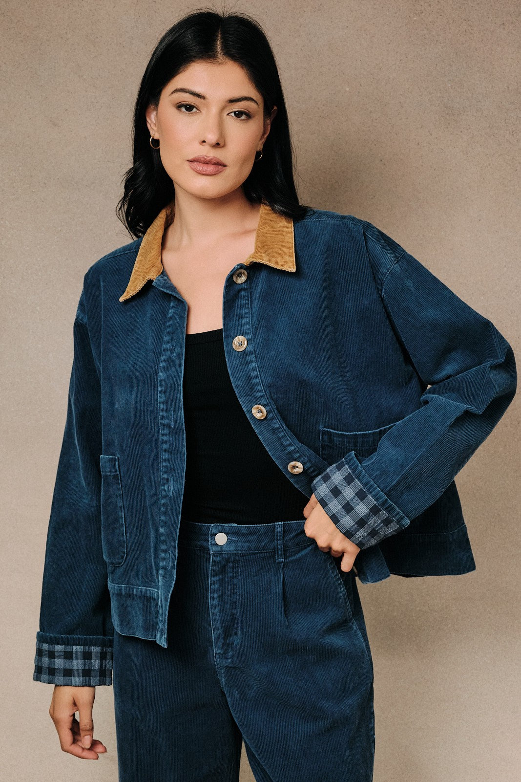 Plaid Cuff Corduroy Barn Jacket