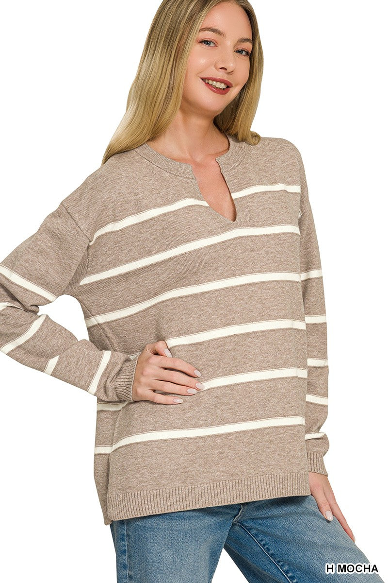 Striped Split Neck Knit Sweater