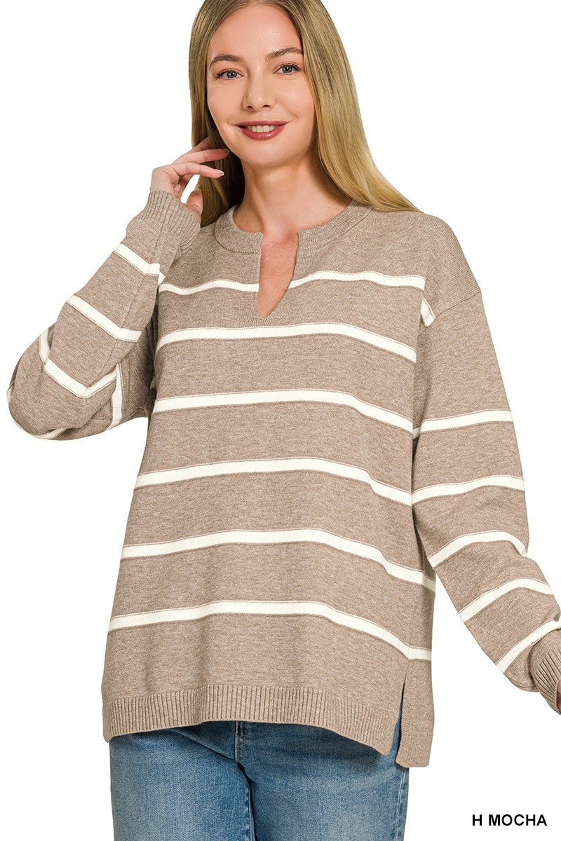 Striped Split Neck Knit Sweater