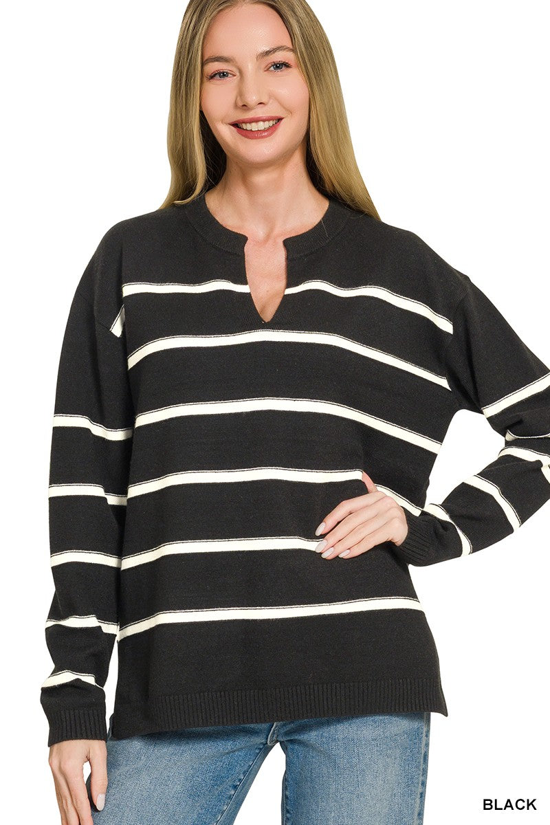 Striped Split Neck Knit Sweater