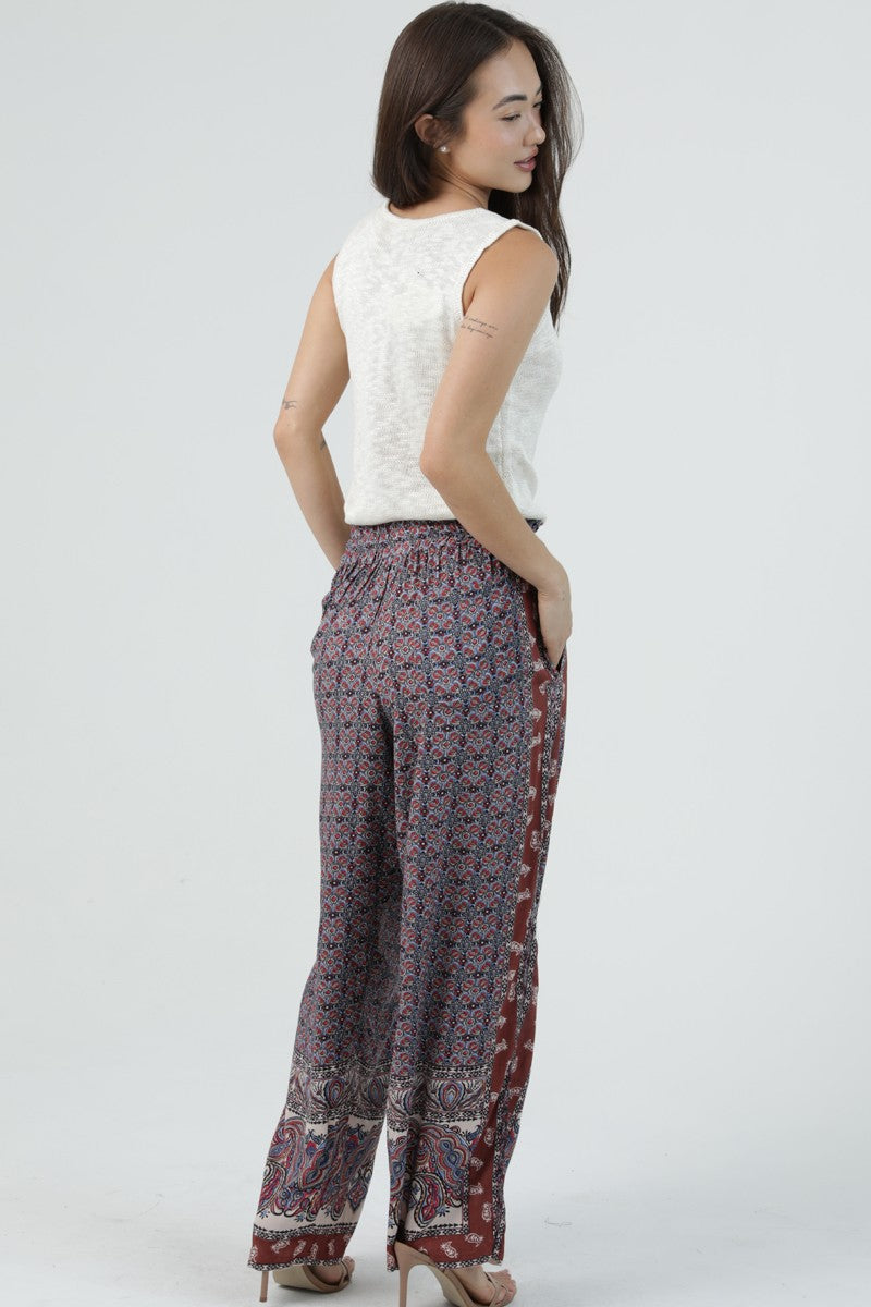 Boho Printed Drawstring Wide Leg Pants