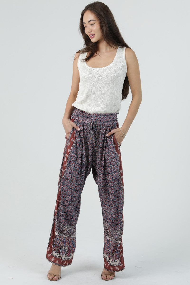 Boho Printed Drawstring Wide Leg Pants