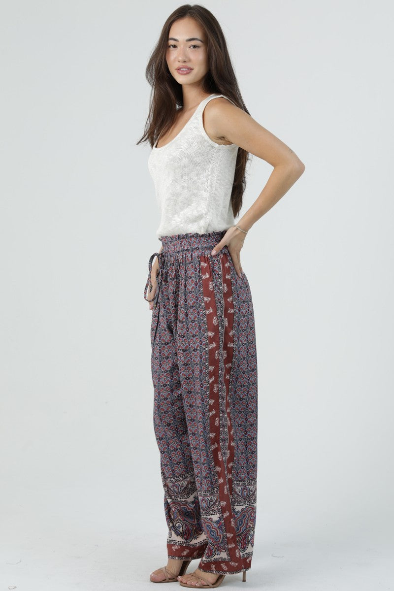 Boho Printed Drawstring Wide Leg Pants