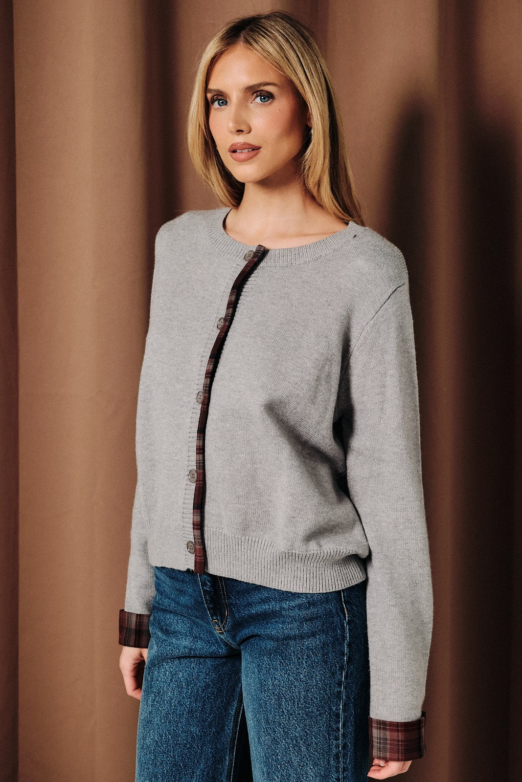 Plaid Trim Button Cardigan