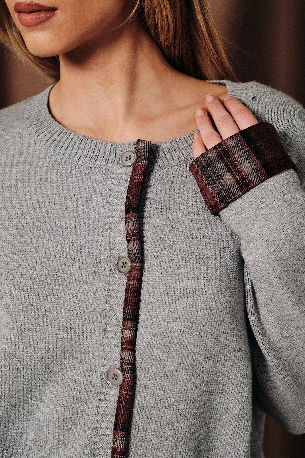 Plaid Trim Button Cardigan