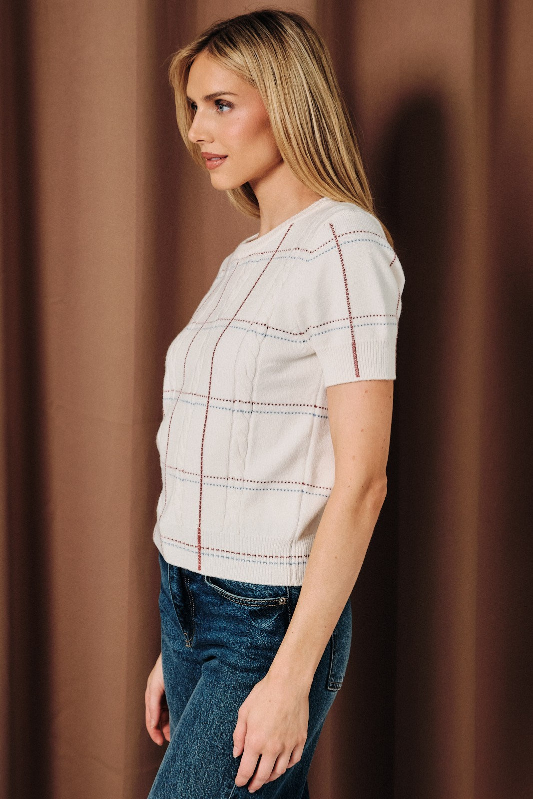 Plaid Stitch Cable Knit Sweater Top