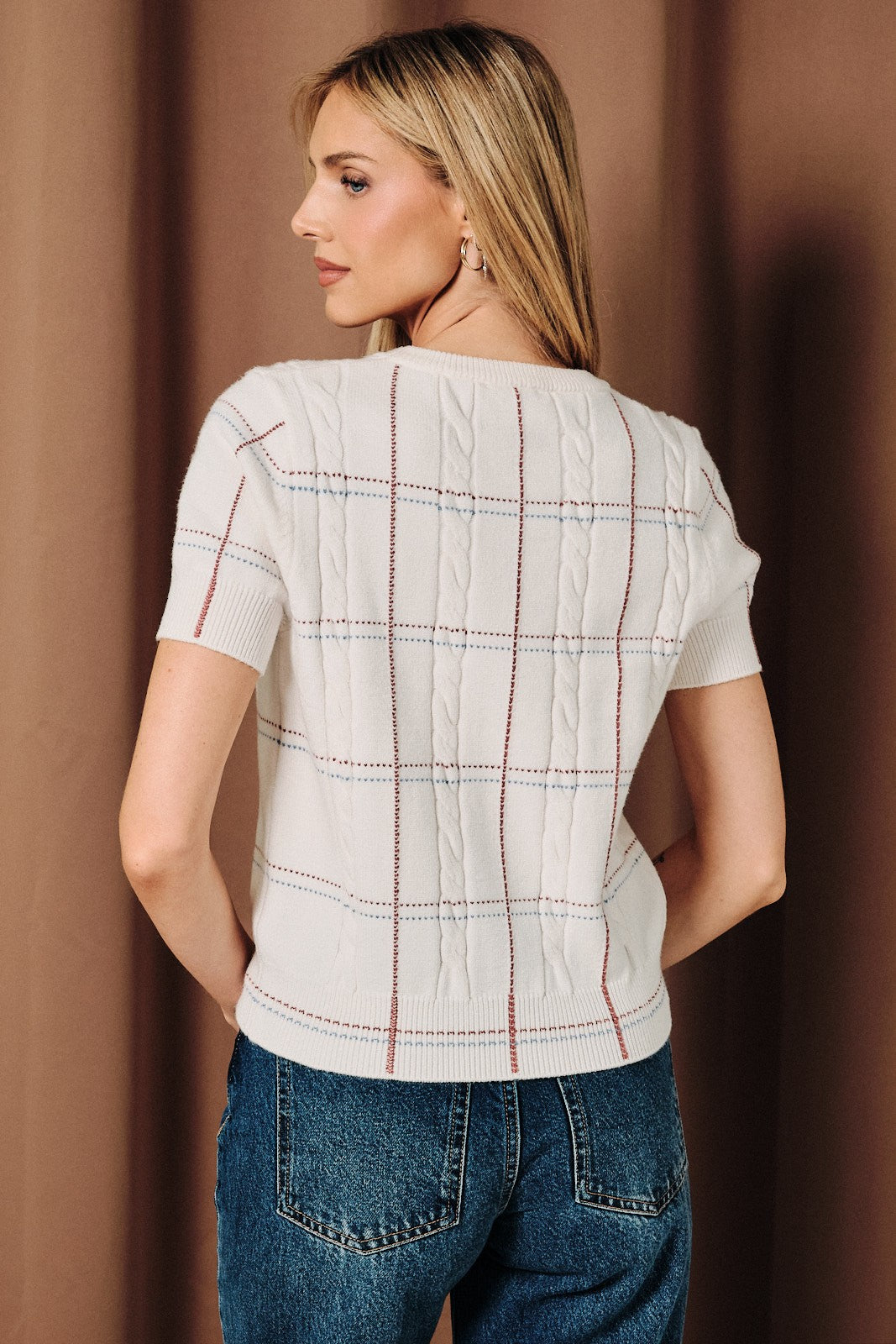 Plaid Stitch Cable Knit Sweater Top