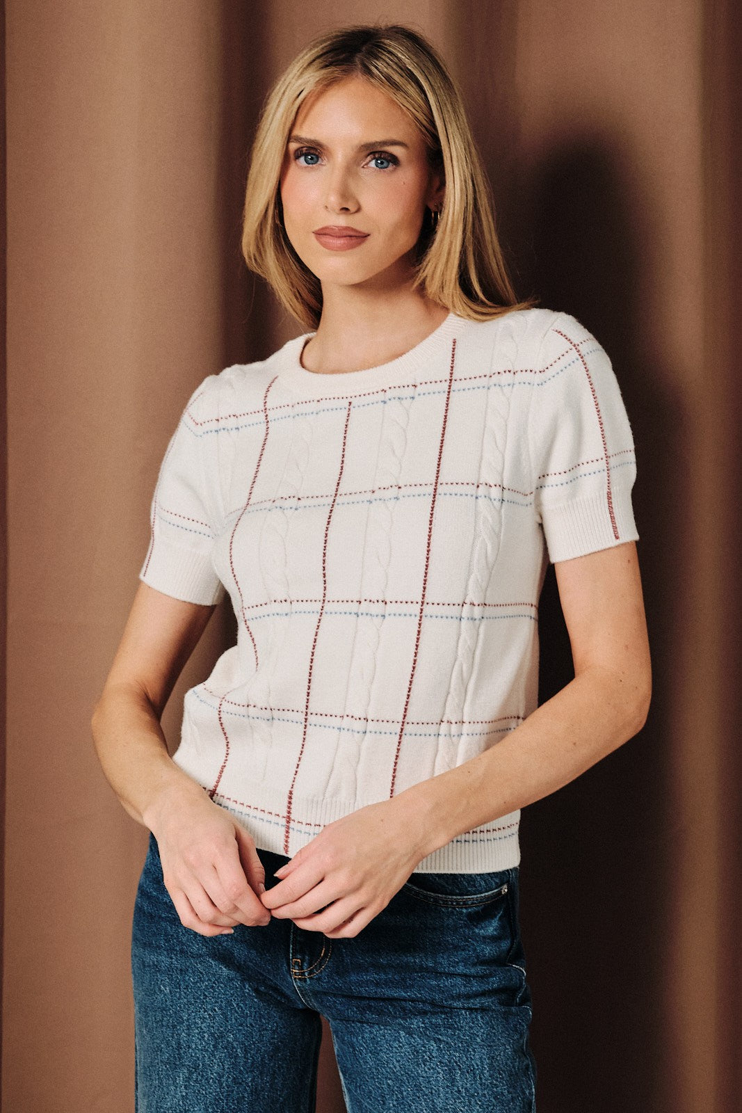 Plaid Stitch Cable Knit Sweater Top