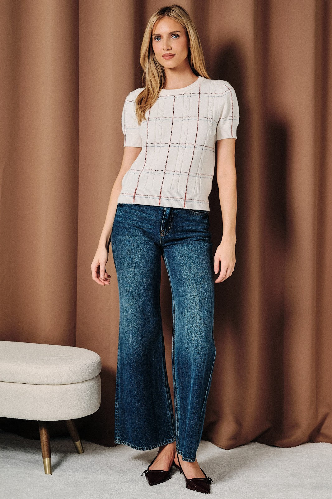 Plaid Stitch Cable Knit Sweater Top