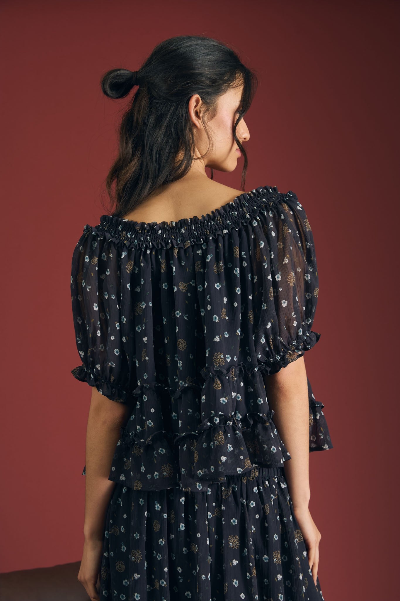 Floral Tie Front Puff Sleeve Blouse