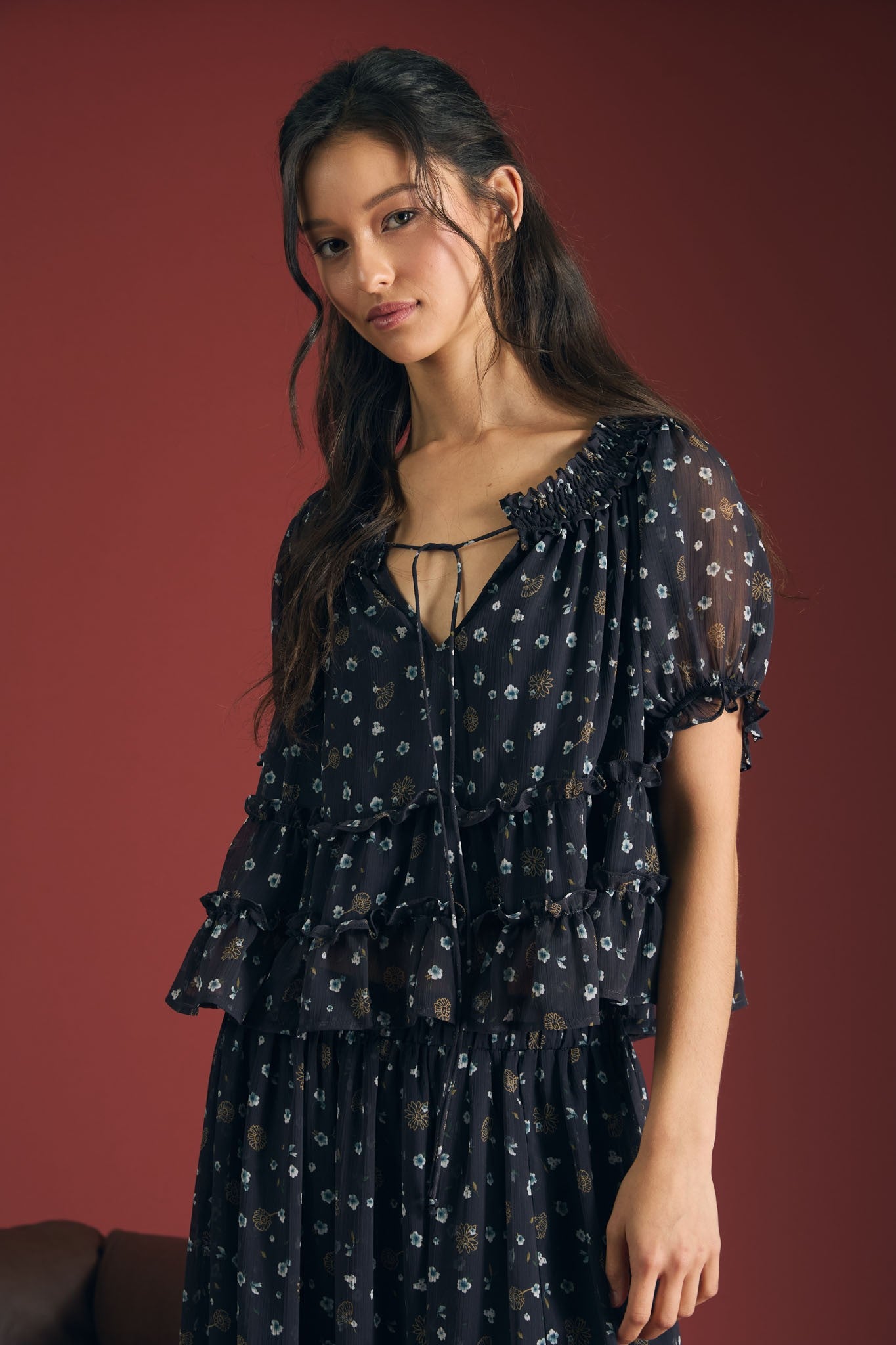 Floral Tie Front Puff Sleeve Blouse