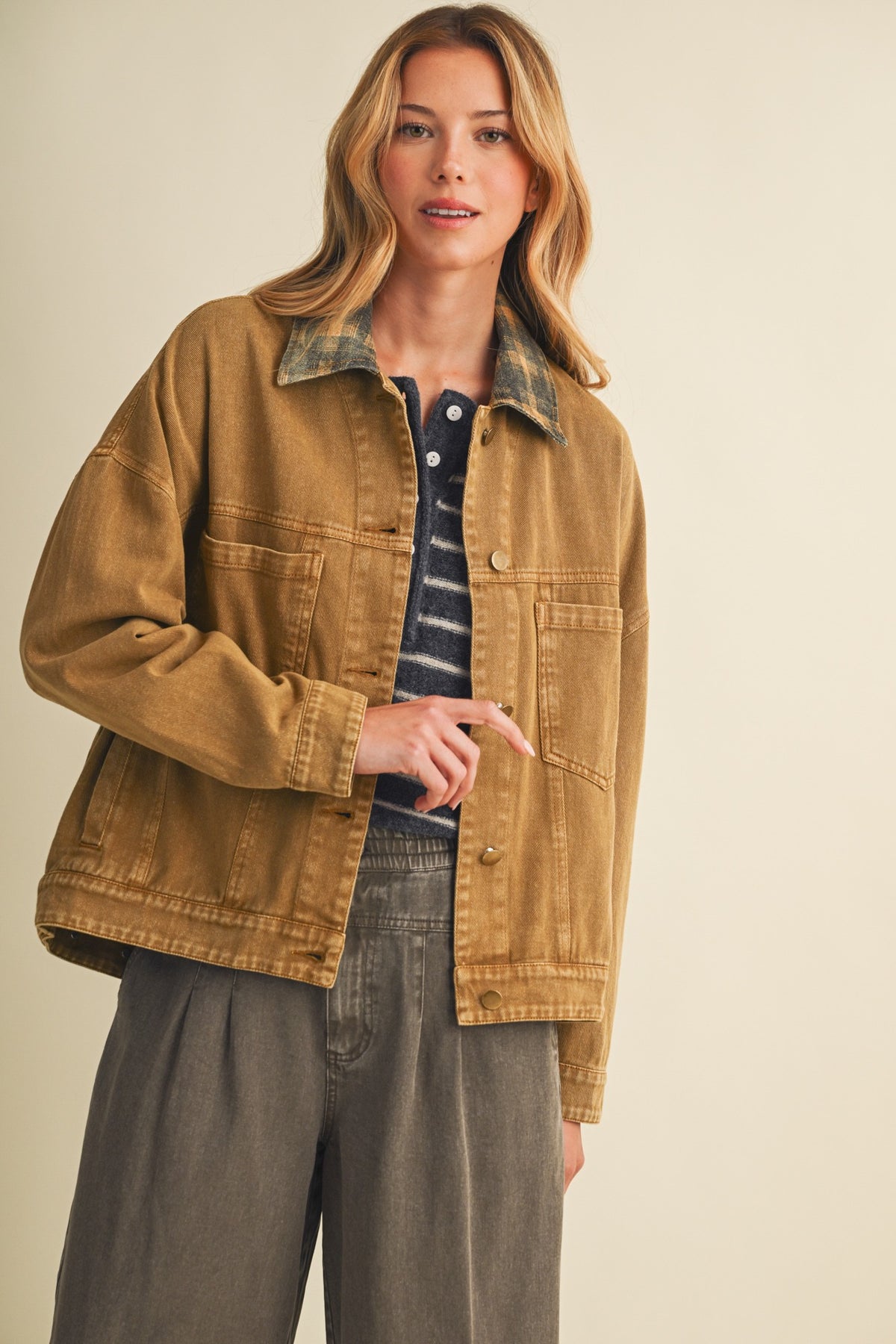 Vintage Plaid Collar Denim Jacket