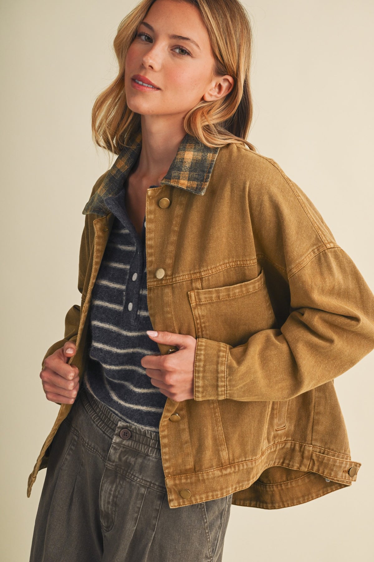 Vintage Plaid Collar Denim Jacket