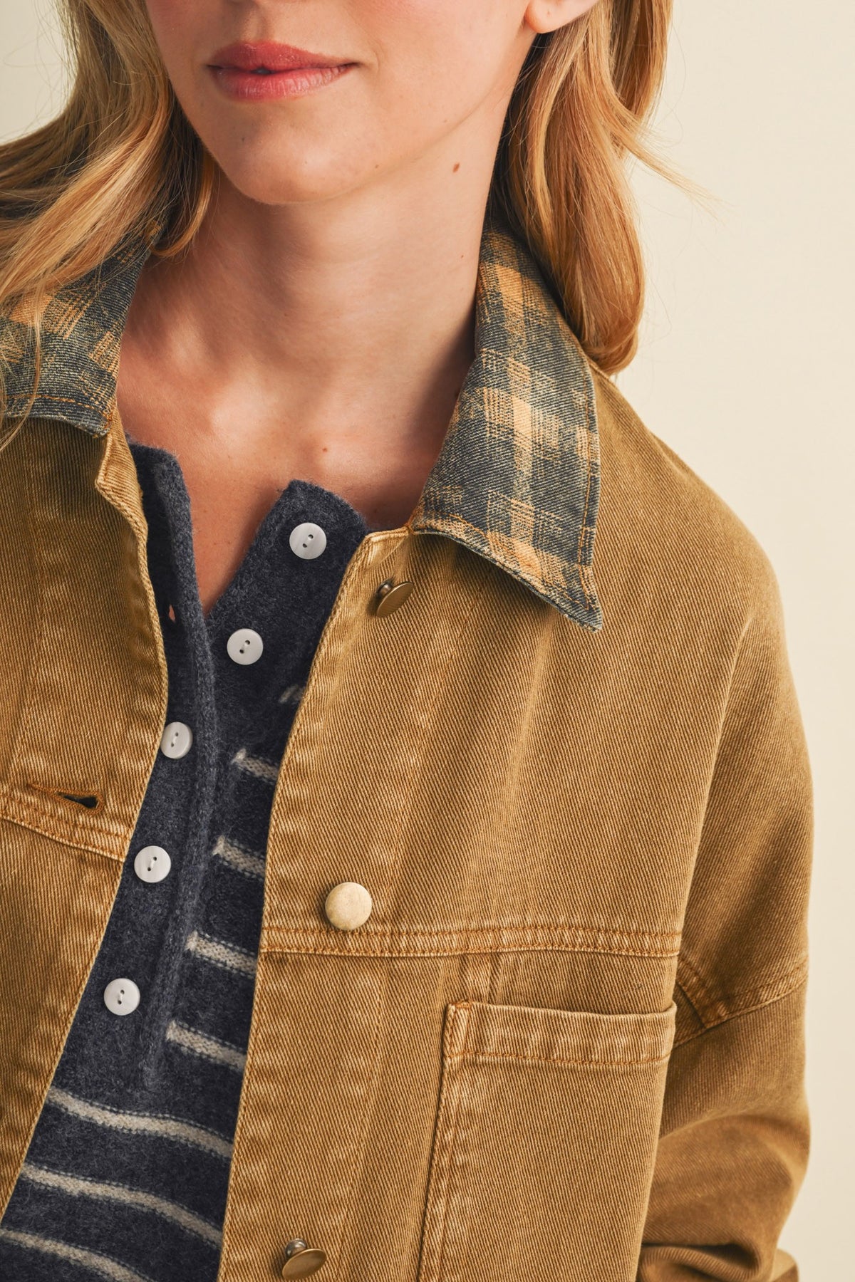 Vintage Plaid Collar Denim Jacket