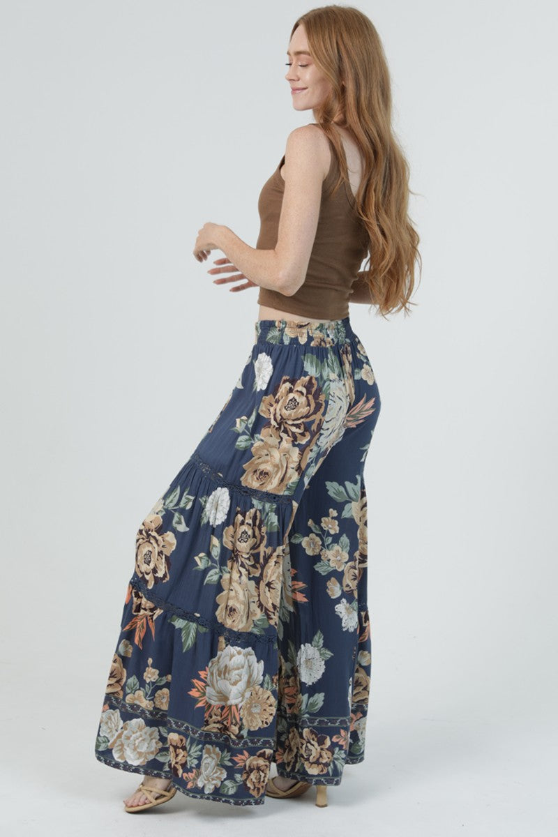Floral Lace Trim Wide Leg Pants