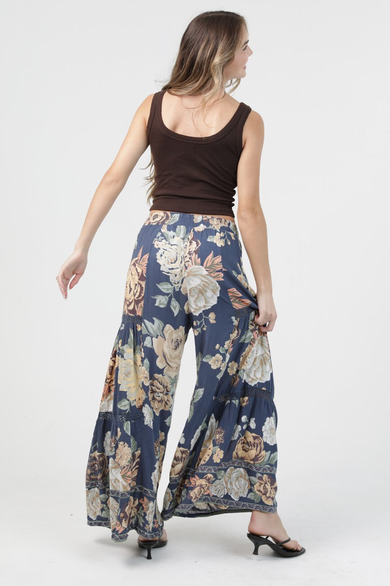Floral Lace Trim Wide Leg Pants