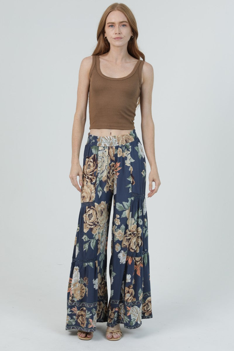 Floral Lace Trim Wide Leg Pants