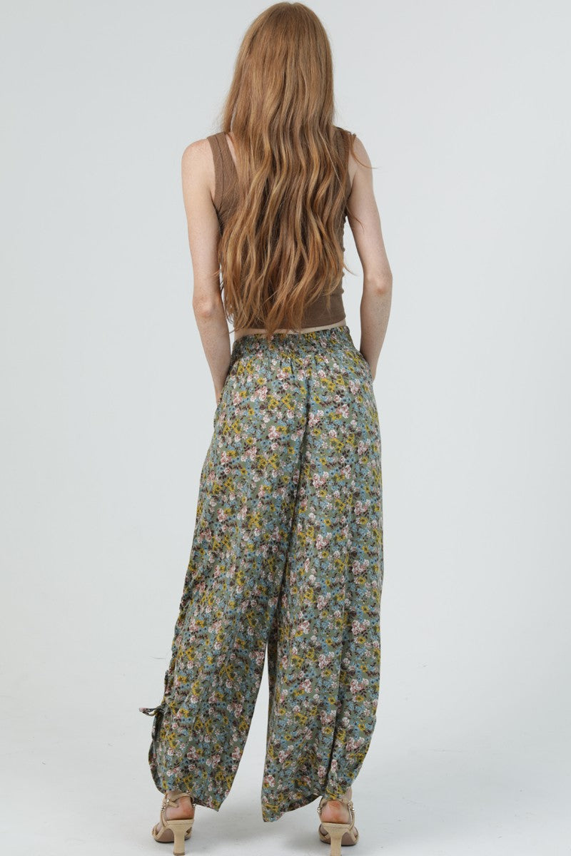 Ditsy Floral Side Tie Wide Leg Pants