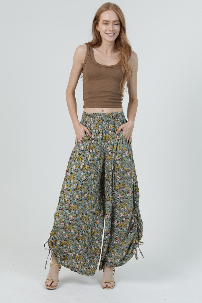 Ditsy Floral Side Tie Wide Leg Pants