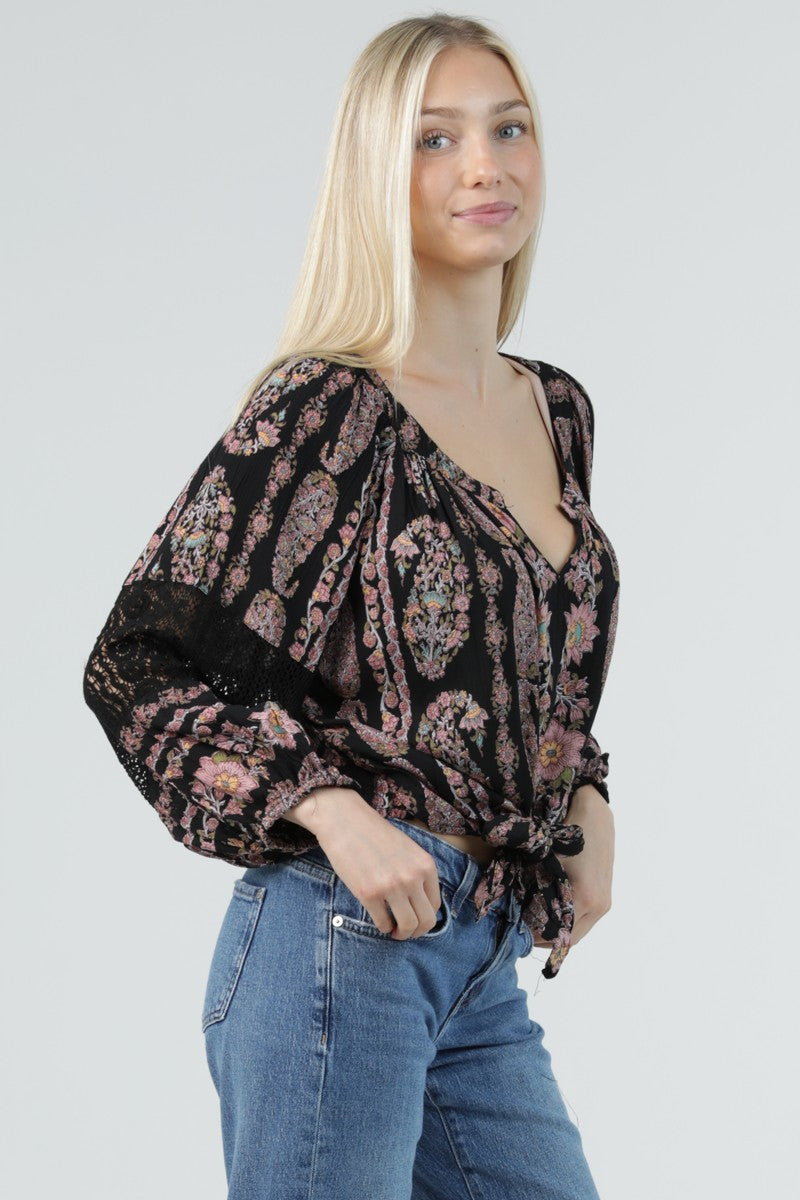 Paisley Tie Front Blouse