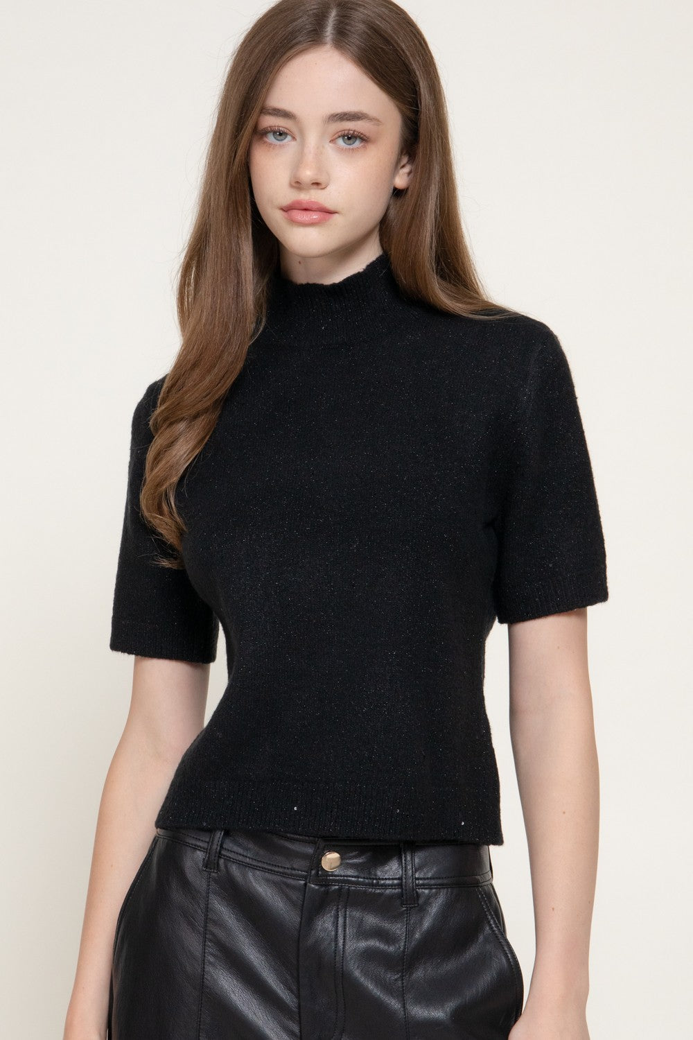 Lurex Mock Neck Short Sleeve Sweater