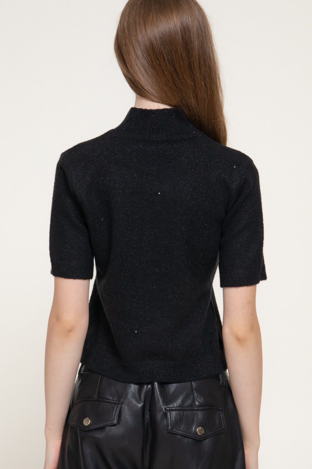 Lurex Mock Neck Short Sleeve Sweater